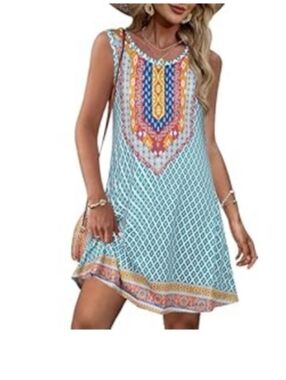 Sleeveless Blue Patterned Boho Tunic Dress with Orange Embellished Yoke